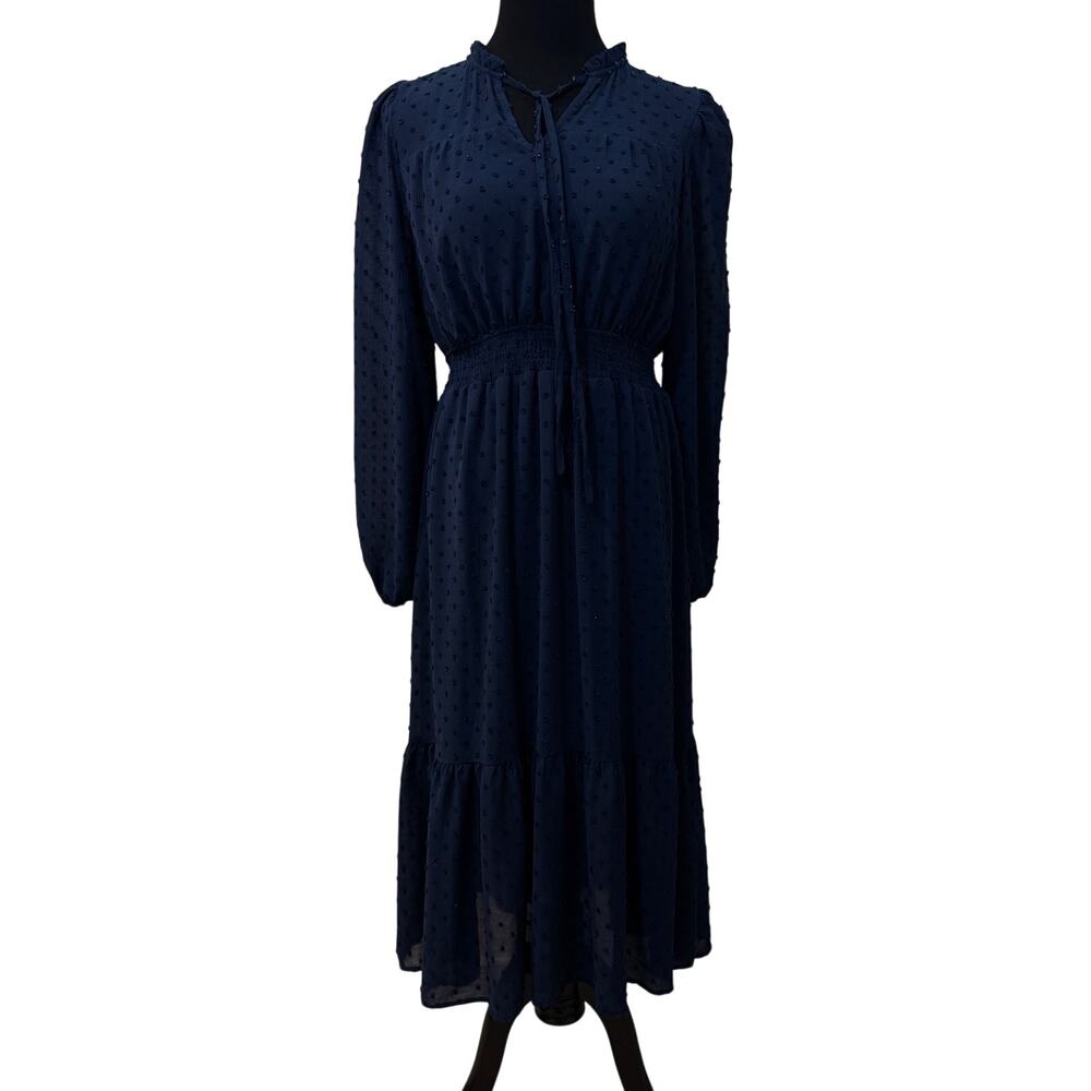 Altar’d State Navy Swiss Dot Midi Dress  Large Smocked Waist Long Sleeve Boho